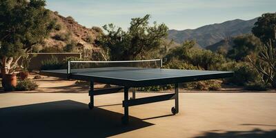 ai genererad. ai generativ. utomhus- natur tabell tennis ping pong spel sport på solnedgång. grafisk konst foto