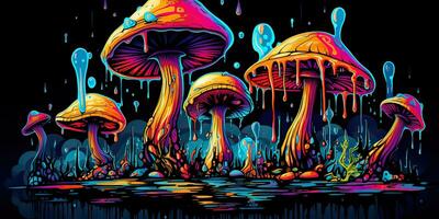 ai genererad. ai generativ. neon ljus ljus dra måla bläck konst svamp i psychedelic stil. grafisk konst foto