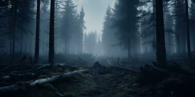 ai genererad. ai generativ. dimma magi dimma natt mörk skog träd djungel landskap bakgrund. skrämmande natur utomhus- äventyr utforska resa atmosfär stil. grafisk konst foto