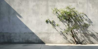ai genererad. ai generativ. betong sten sten vägg med träd. enkel minimal attrapp vägg trädgård utomhus- med växt. grafisk konst foto