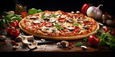 ai genererad. ai generativ. traditionell italiensk pepperoni pizza mat. känd gott snabb mat måltid bakad färsk kök. grafisk konst foto