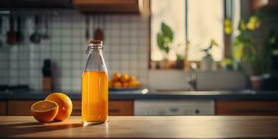 ai genererad. ai generativ. orange juice nottle glas gods på kök ljus dag tabell falsk upp bakgrund. friska morgon- vitamin c. grafisk konst foto