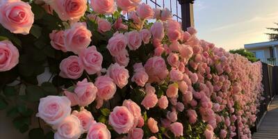 ai genererad. ai generativ. skön blomma blomning natur växt blommig rosor. utomhus- bröllop kärlek romantisk bakgrund dekoration. grafisk konst foto