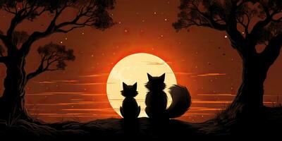 ai genererad. ai generativ. två härlig romantisk söt rävar ser på måne. natur skog bröllop barn tid. grafisk konst foto