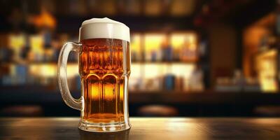 ai genererad. ai generativ. öl glas råna med ljus öl på pub bar krog bakgrund på trä- tabell natt liv fest. grafisk konst foto