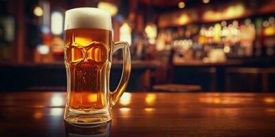 ai genererad. ai generativ. öl glas råna med ljus öl på pub bar krog bakgrund på trä- tabell natt liv fest. grafisk konst foto