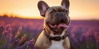 ai genererad. ai generativ. frenchie franska bulldogg hund söt ansikte porträtt på lavendel- fält landsbygden utomhus- natur. grafisk konst foto