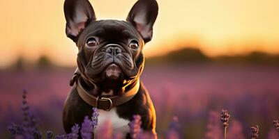 ai genererad. ai generativ. frenchie franska bulldogg hund söt ansikte porträtt på lavendel- fält landsbygden utomhus- natur. grafisk konst foto