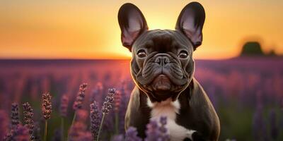 ai genererad. ai generativ. frenchie franska bulldogg hund söt ansikte porträtt på lavendel- fält landsbygden utomhus- natur. grafisk konst foto