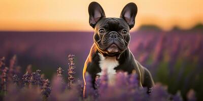 ai genererad. ai generativ. frenchie franska bulldogg hund söt ansikte porträtt på lavendel- fält landsbygden utomhus- natur. grafisk konst foto