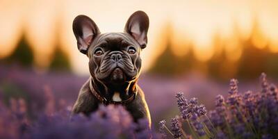 ai genererad. ai generativ. frenchie franska bulldogg hund söt ansikte porträtt på lavendel- fält landsbygden utomhus- natur. grafisk konst foto