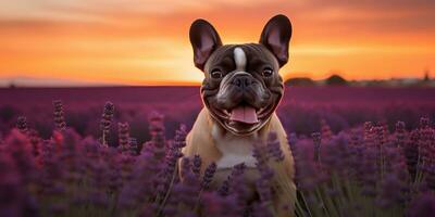 ai genererad. ai generativ. frenchie franska bulldogg hund söt ansikte porträtt på lavendel- fält landsbygden utomhus- natur. grafisk konst foto