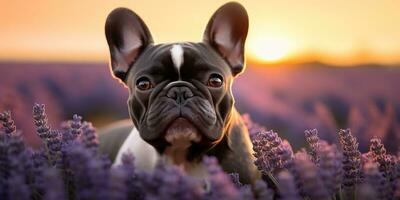 ai genererad. ai generativ. frenchie franska bulldogg hund söt ansikte porträtt på lavendel- fält landsbygden utomhus- natur. grafisk konst foto