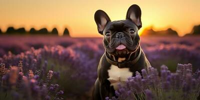 ai genererad. ai generativ. frenchie franska bulldogg hund söt ansikte porträtt på lavendel- fält landsbygden utomhus- natur. grafisk konst foto