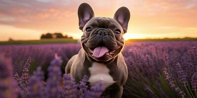 ai genererad. ai generativ. frenchie franska bulldogg hund söt ansikte porträtt på lavendel- fält landsbygden utomhus- natur. grafisk konst foto