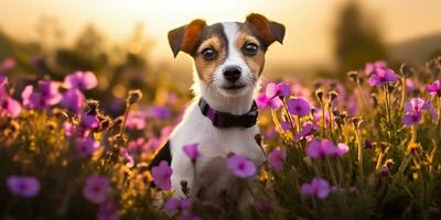 ai genererad. ai generativ. domkraft russell terrier hund djur- sällskapsdjur vän däggdjur på fält blommor. natur utomhus- solnedgång landskap se. grafisk konst foto