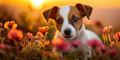 ai genererad. ai generativ. domkraft russell terrier hund djur- sällskapsdjur vän däggdjur på fält blommor. natur utomhus- solnedgång landskap se. grafisk konst foto