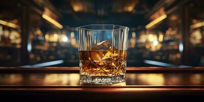 ai genererad. ai generativ. klassisk alkohol whisky skotsk dryck i glas med is kuber på bar pub. nära nog klubb bakgrund dekoration falsk upp. grafisk konst foto