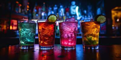 ai genererad. ai generativ. neon lysande cocktail glas råna bar pub i synthwave cybepunk retrowave stil. natt liv fest alkohol dryck vibe. grafisk konst foto