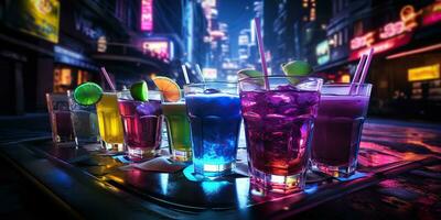 ai genererad. ai generativ. neon lysande cocktail glas råna bar pub i synthwave cybepunk retrowave stil. natt liv fest alkohol dryck vibe. grafisk konst foto