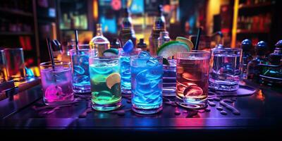 ai genererad. ai generativ. neon lysande cocktail glas råna bar pub i synthwave cybepunk retrowave stil. natt liv fest alkohol dryck vibe. grafisk konst foto