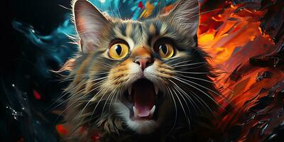 ai genererad. ai generativ. söt skön katt djur- sällskapsdjur vibrerande färger med olja måla dra bakgrund. söt härlig porträtt ansikte. grafisk konst foto
