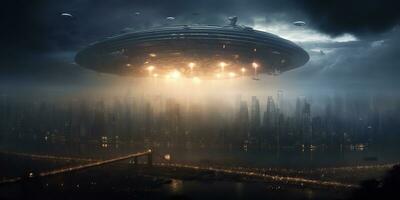 ai genererad. ai generativ. utomjording rymdskepp moderskepp UFO galax invasion. mörk natt ligh stad stad landskap. framtida fantasi verklighet. grafisk konst foto