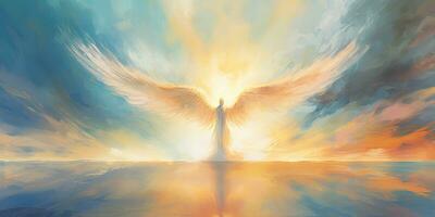ai genererad. ai generativ. lysande ljus flygande ängel i himmel. religion andlig tro kristen katolik Jesus mytologi vibe. grafisk konst foto