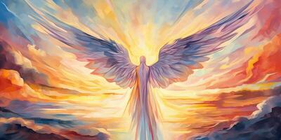 ai genererad. ai generativ. lysande ljus flygande ängel i himmel. religion andlig tro kristen katolik Jesus mytologi vibe. grafisk konst foto