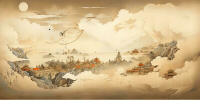 ai genererad. ai generativ. gammal kinesisk tempel berg dimma dimma landskap. semester äventyr utomhus- asiatisk traditionell teckning målning konst. grafisk konst foto
