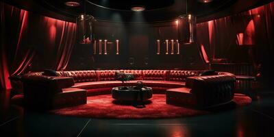 ai genererad. ai generativ. vip privat rum på nattklubb interiör design. röd mörk natt liv stil fest med röd soffa sittplatser. grafisk konst foto
