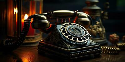 ai genererad. ai generativ. klassisk retro årgång antik telefon prata telefon på trä- tabell. grafisk konst foto