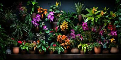 ai genererad. ai generativ. notanical ört- exotisk tropisk växter örter blommor botanisk lövverk bakgrund natur djungel lanfscape. grafisk konst foto