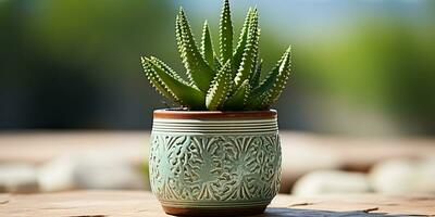 ai genererad. ai generativ. dekorativ abstrakt blomma kaktus växt botanisk på rustik trä tabell. dekoration mysigt Hem vibe. grafisk konst foto