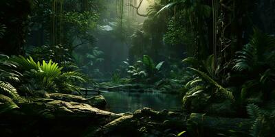 ai genererad. ai generativ. vild tropisk djungel skog parkera träd landskap. äventyr resa riskabel utforska resa bakgrund landskap. grafisk konst foto