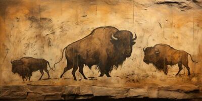 ai genererad. ai generativ. primitiv historisk sten grotta vägg teckning konst av enorm stor bi bison. grafisk illustration foto