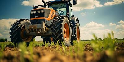 ai genererad. ai generativ. traktor kombinera maskin skörda fält jordbruk. natur utomhus- äng landskap maskin industri. grafisk konst foto