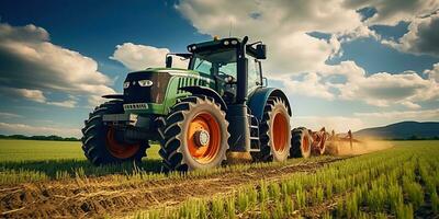 ai genererad. ai generativ. traktor kombinera maskin skörda fält jordbruk. natur utomhus- äng landskap maskin industri. grafisk konst foto