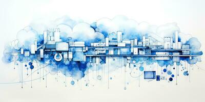 ai genererad. ai generativ. abstrakt geometrisk fabrik rörledning industri teckning bakgrund i blå moln. grafisk konst foto