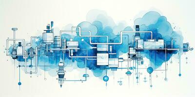 ai genererad. ai generativ. abstrakt geometrisk fabrik rörledning industri teckning bakgrund i blå moln. grafisk konst foto