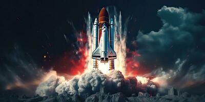 ai genererad. ai generativ. raket rymdskepp shuttle rymdskepp lansera. Plats sgalax universum äventyr utforskning framtida resa vibe. grafisk konst foto