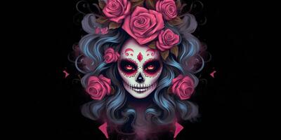 ai genererad. ai generativ. muertos mexikansk latin dag av de död- Semester karneval kvinna göra upp socker skalle ansikte. grafisk konst foto