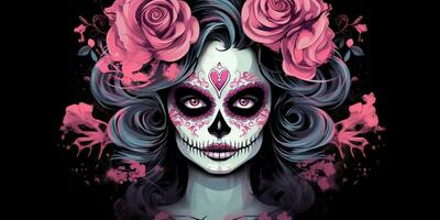 ai genererad. ai generativ. muertos mexikansk latin dag av de död- Semester karneval kvinna göra upp socker skalle ansikte. grafisk konst foto