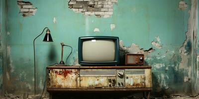 ai genererad. ai generativ. vintafe retro gammal antik TV televison låda stänga till de vägg bakgrund. grafisk konst foto