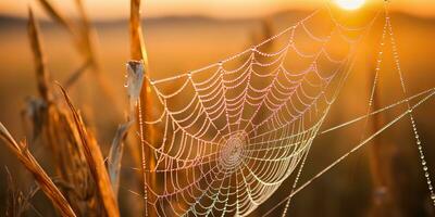 ai genererad. ai generativ. solsken spoderweb Spindel webb på fält äng hö gräs. natur utomhus- vilda djur och växter. grafisk konst foto