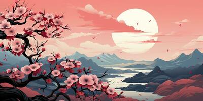 ai genererad. ai generativ. årgång retro traditionell japansk asiatisk landskap bakgrund. körsbär blomma sakura träd blomma berg och utomhus- natur minimal grafisk konst. grafisk konst foto