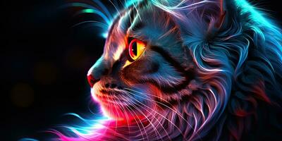 ai genererad. ai generativ. katt Sammanträde stänga till neon lysande ljus. porträtt sällskapsdjur djur- ansikte cyberpunk neon stil. grafisk konst foto