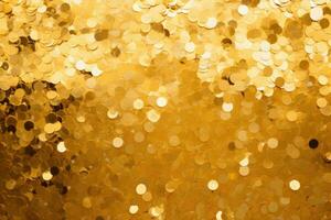 gyllene folie konfetti. bärnsten Färg bakgrund. gyllene explosion av konfetti. ai genererad foto