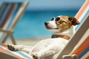 domkraft russell terrier hund med solglasögon solbad på Sol solstol. generativ ai foto