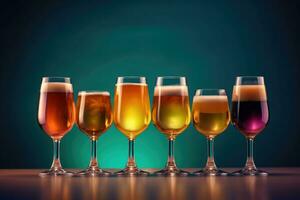 glasögon med annorlunda sorterar av öl. kran öl i halvliter glasögon anordnad i en rad. generativ ai foto